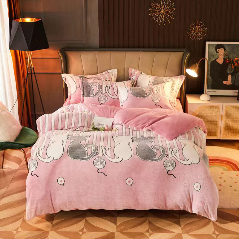 Thicken Carved Velvet Warm Four-piece Crystal Velvet Bed Sheet Flannel Blanket Snow Fleece